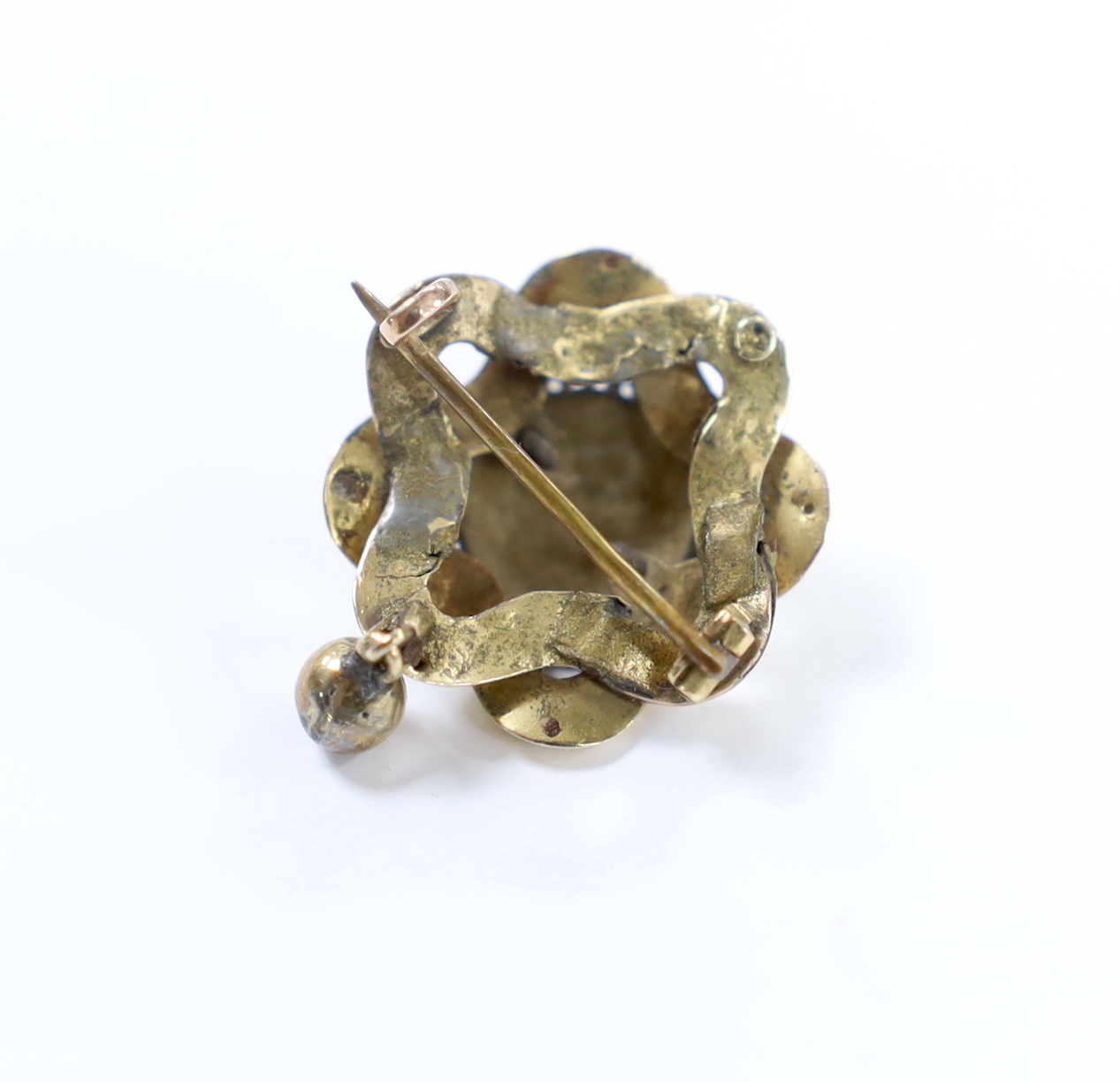 A Victorian yellow metal, enamel and seed pearl set drop brooch, 25mm, gross weight 3 grams.
